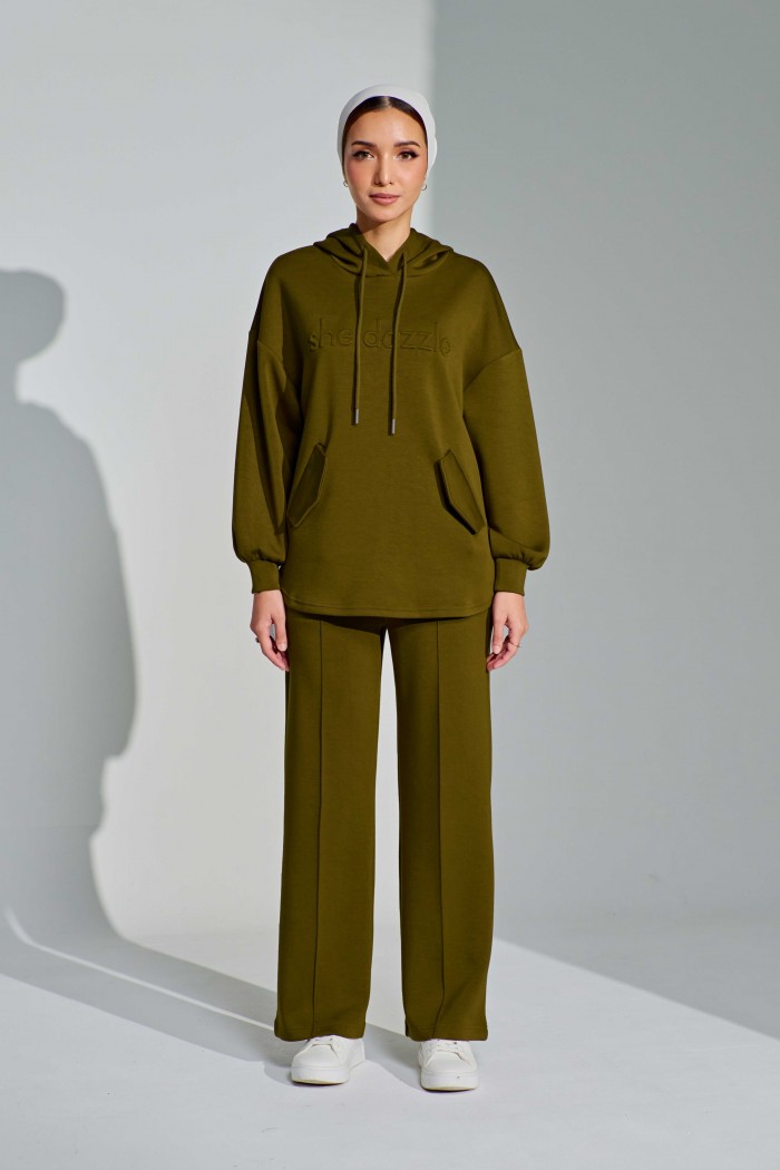 Ae-ri Pullover Hoodie Set In Olive Green