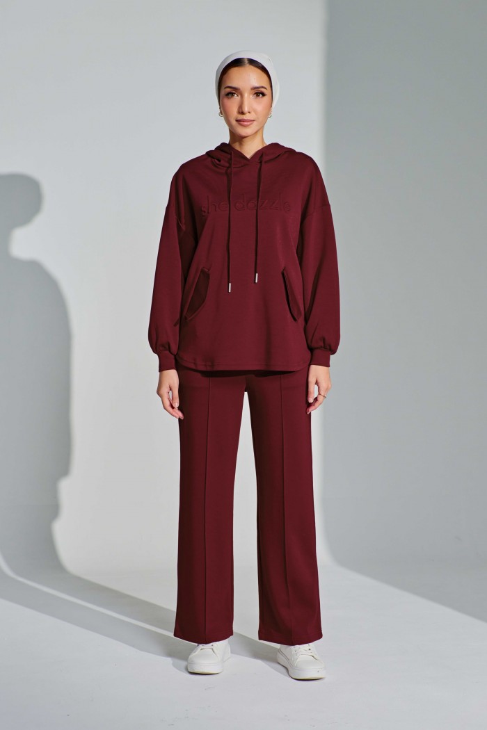 Ae-ri Pullover Hoodie Set In Deep Maroon