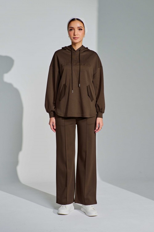 Ae-ri Pullover Hoodie Set In Coffee Brown