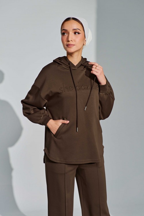 Ae-ri Pullover Hoodie Set In Coffee Brown