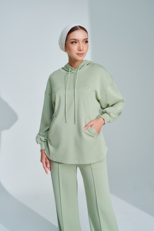 Ae-ri Pullover Hoodie Set In Sage Green